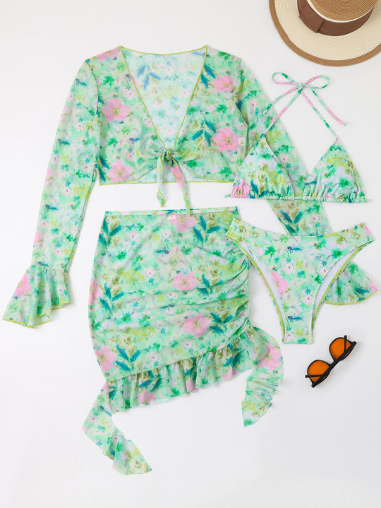 Damen Blusen-Badeoutfit mit buntem Blumenmuster R&B