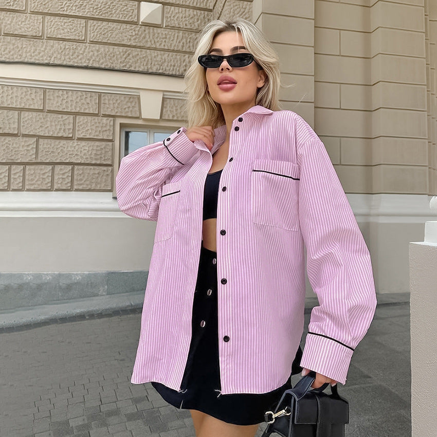 Damen Oversized Hemdjacke mit strukturiertem Design und gestreiften Muster R&B