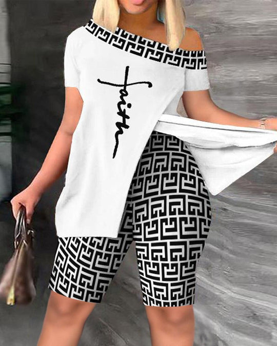 Damen lässiges Set mit asymmetrischem Oberteil und Radlerhose R&B