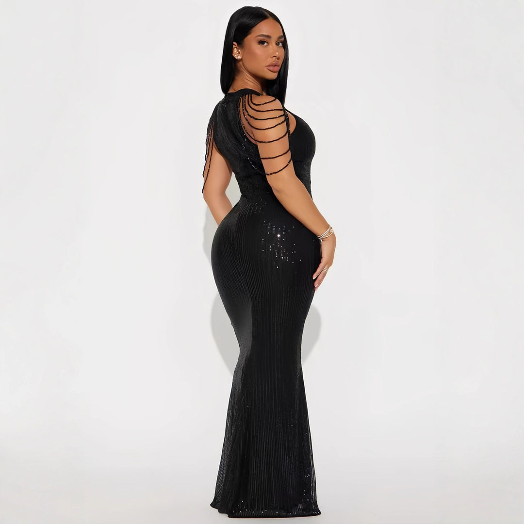 Damen Glamouröses Pailletten Abendkleid mit raffinierten Ärmelverzierungen R&B