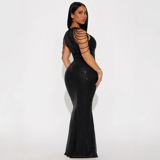 Damen Glamouröses Pailletten Abendkleid mit raffinierten Ärmelverzierungen R&B