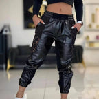 Damen Trendige Kunstleder Jogginghose mit Spitzenbesatz R&B