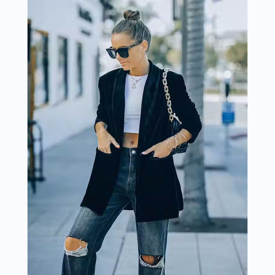 Damen Eleganter Velourscardigan mit lässigem Schnitt und praktischen Taschen R&B