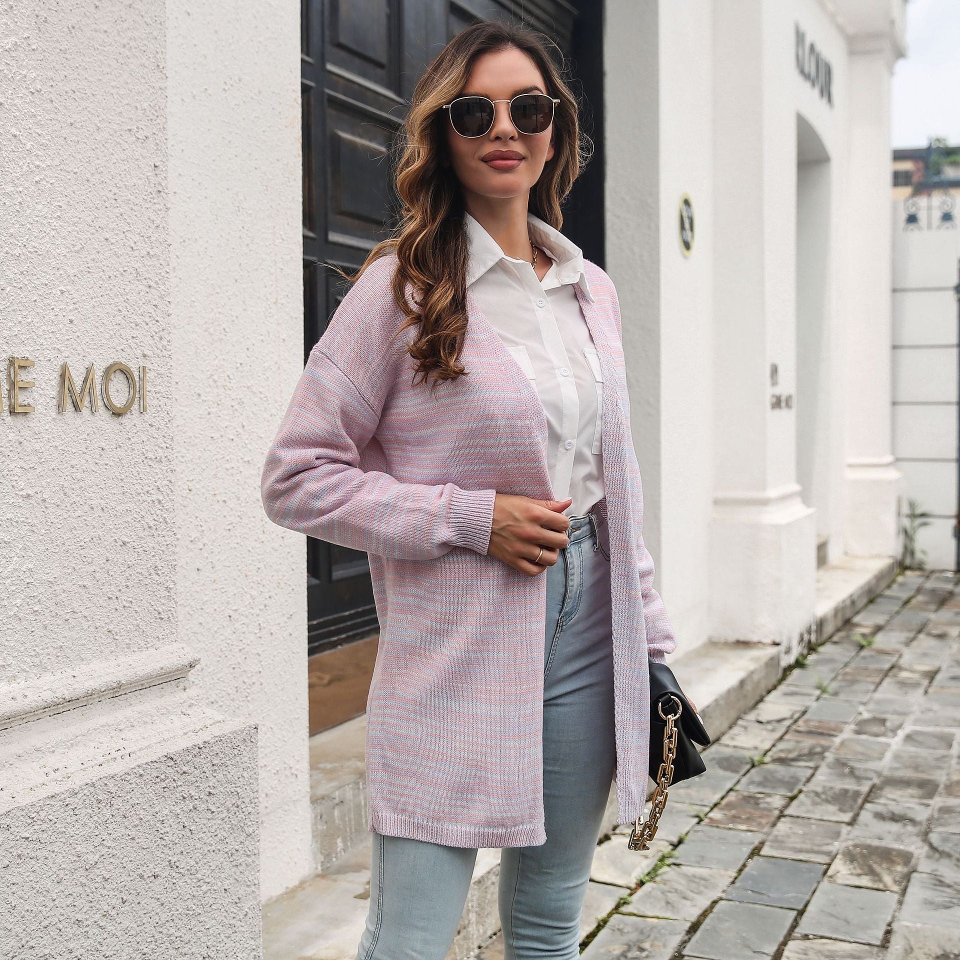 Damen lockere Strickjacke mit modischem Streifenmuster R&B