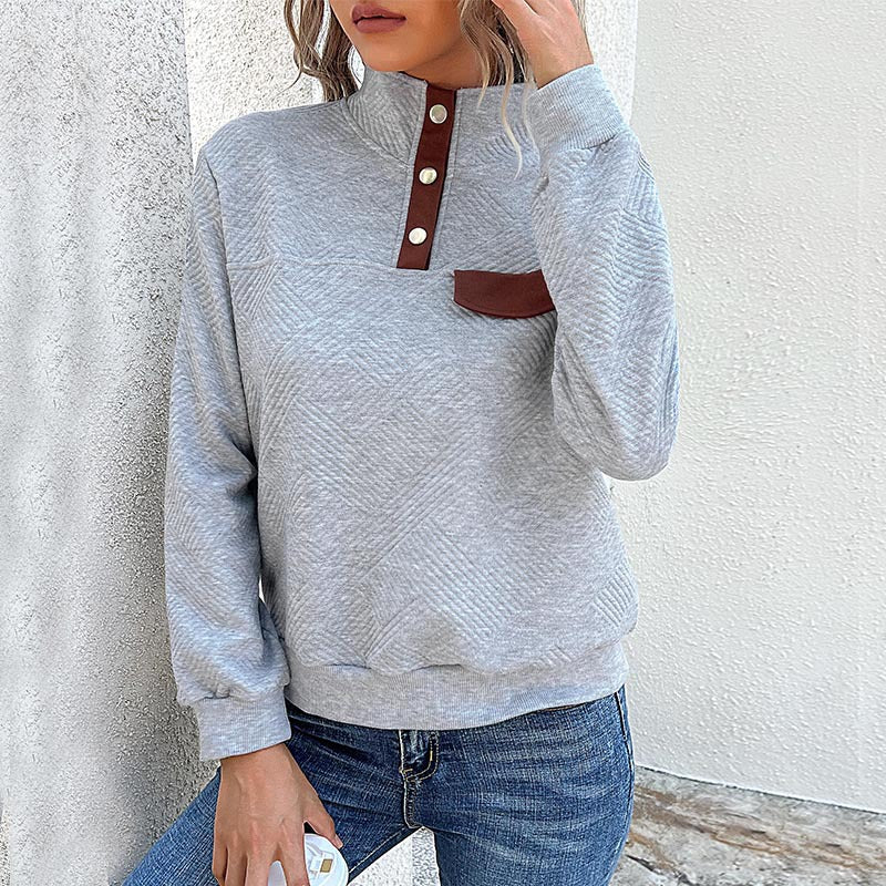 Damen Stehkragen Sweatshirt mit Knopfdetails und Brusttasche R&B