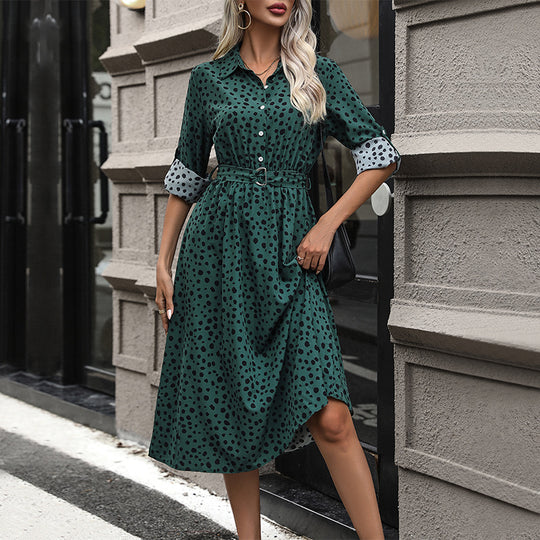 Damen Midi-Kleid mit punktiertem Muster und tailliertem Gürtel R&B