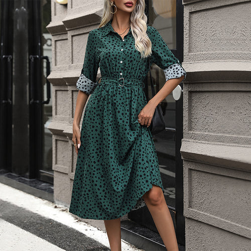 Damen Midi-Kleid mit punktiertem Muster und tailliertem Gürtel R&B