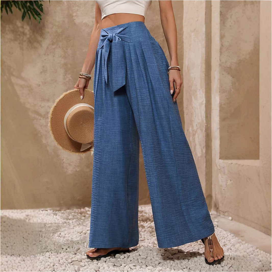 Damen Weite Hochtaillierte Hose mit Schleifenbund und Falten R&B