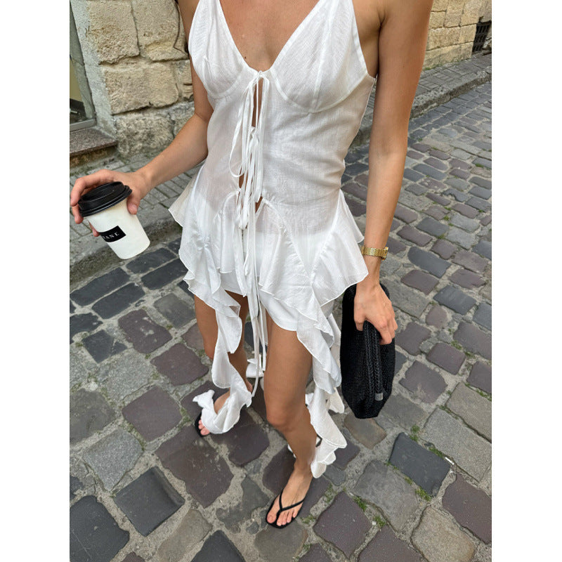Damen ärmelloses Strandkleid mit Schnürung und schwingendem Saum R&B