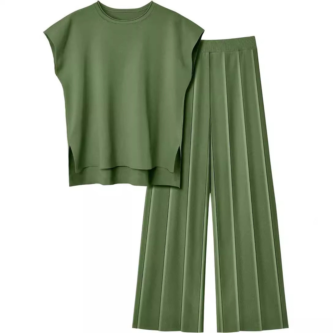 Damen elegantes Set mit kurzärmligem Oberteil und plissierter Hose R&B