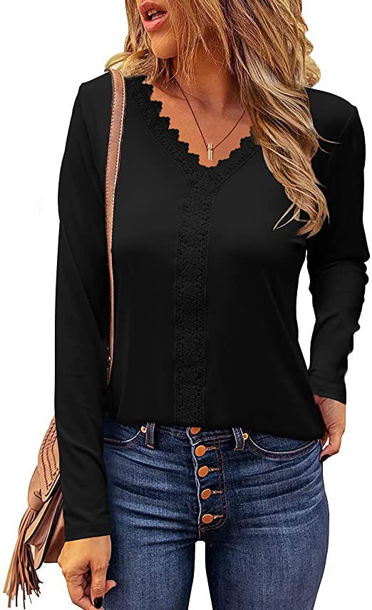 Damen elegantes V-Ausschnitt Longsleeve-Shirt mit Spitzenbesatz R&B