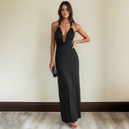 Damen Elegantes Maxikleid mit tiefem V-Ausschnitt und dekorativen Trägern R&B