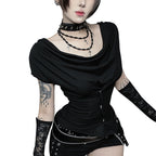 Damen figurbetontes Drape-Shirt mit elegantem Knopfdesign und asymmetrischem Saum EB