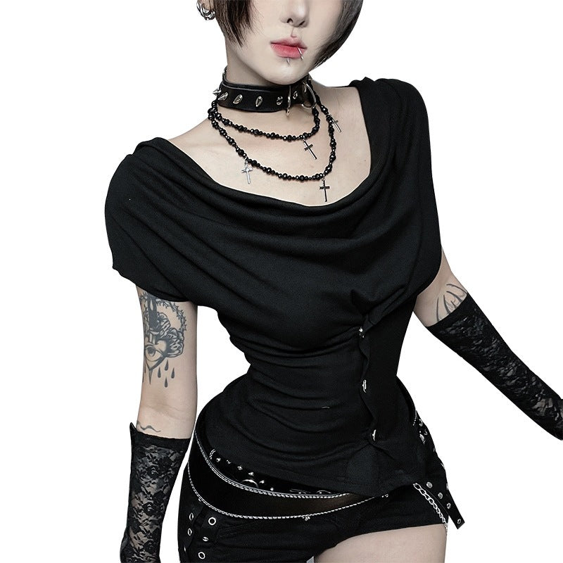 Damen figurbetontes Drape-Shirt mit elegantem Knopfdesign und asymmetrischem Saum EB