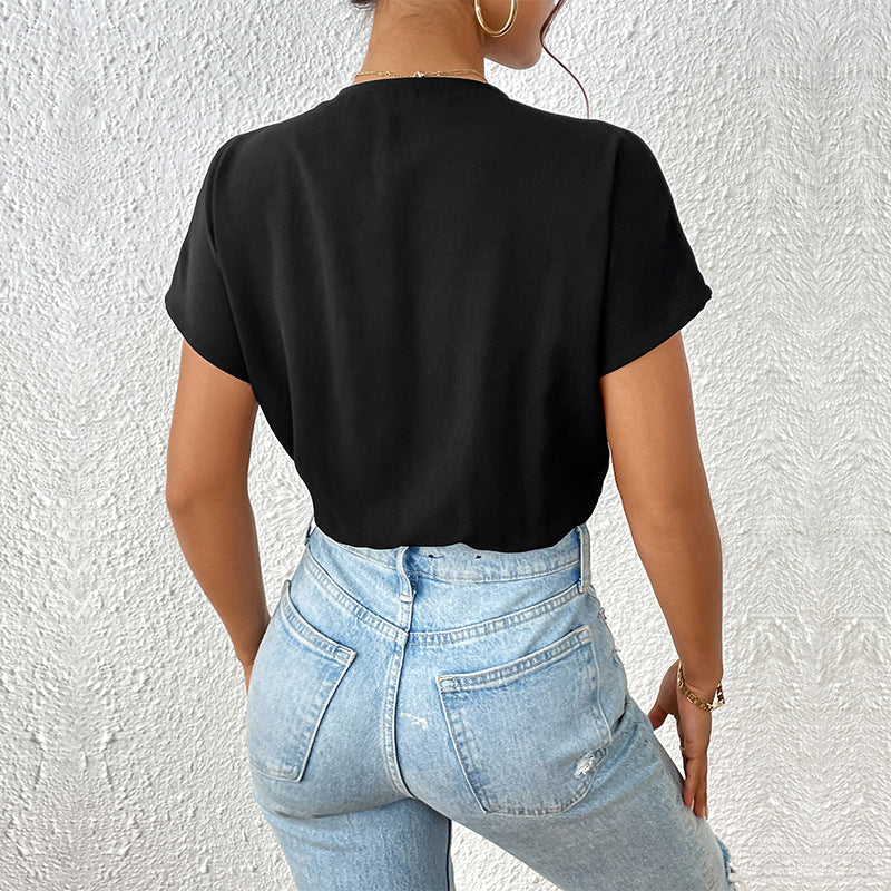 Damen Body mit eleganter Wickeloptik und kurzen Ärmeln R&B