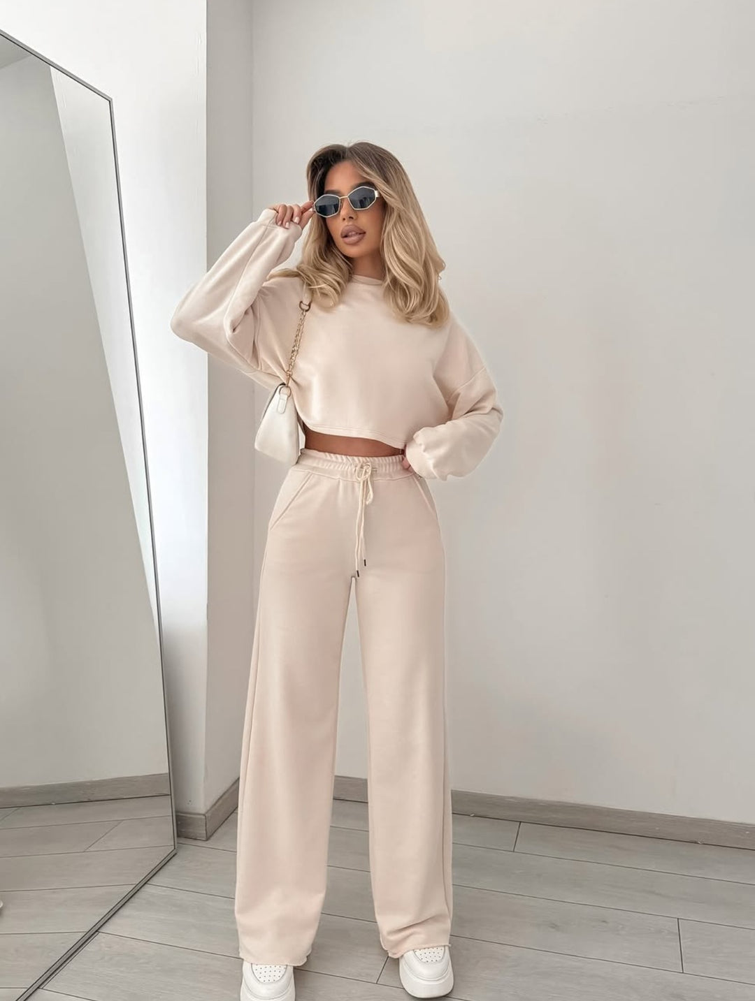 Damen lässiges Crop-Oberteil mit hoher Taille und weitem Hosenanzug R&B