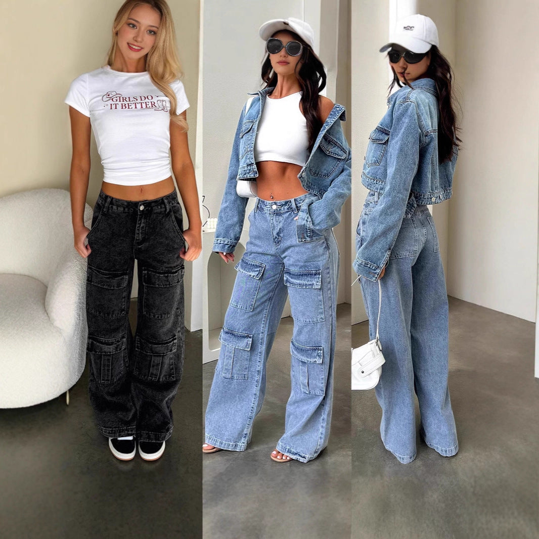 Damen Weite Cargo-Jeans mit Taschen im lässigen Schnitt