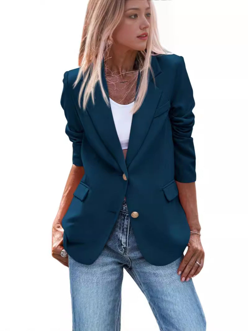 Damen Eleganter Einreiher Blazer mit goldenen Knöpfen und tailliertem Schnitt R&B
