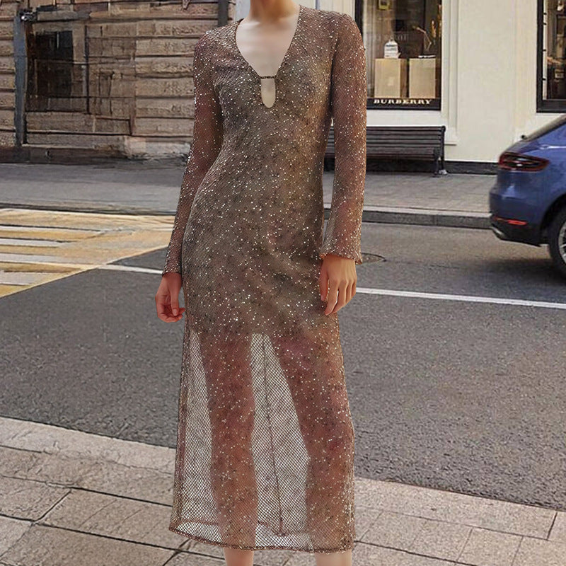Damen Glamouröses Paillettenkleid mit tiefem V-Ausschnitt und langen Ärmeln R&B