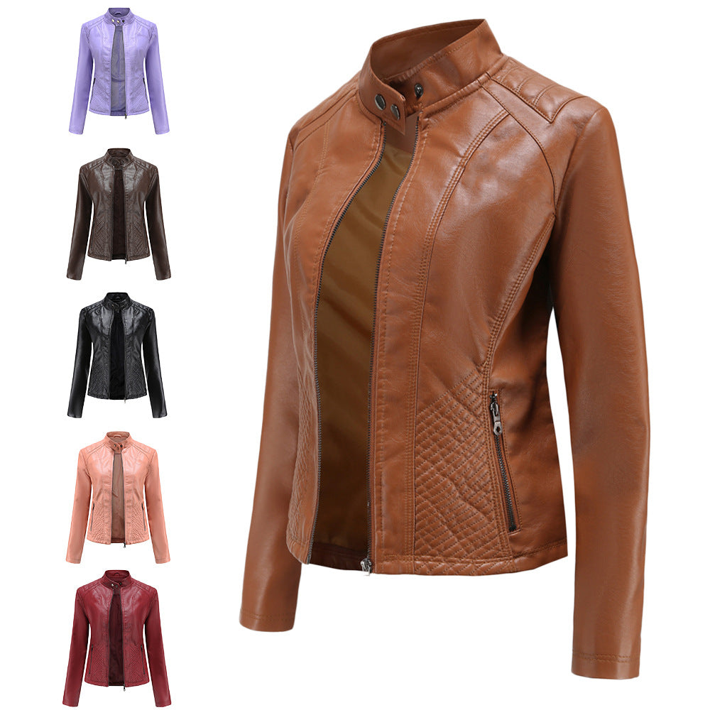 Damen nan taillierte Biker-Kunstlederjacke mit Stehkragen und gesteppter Seitenpartie R&B
