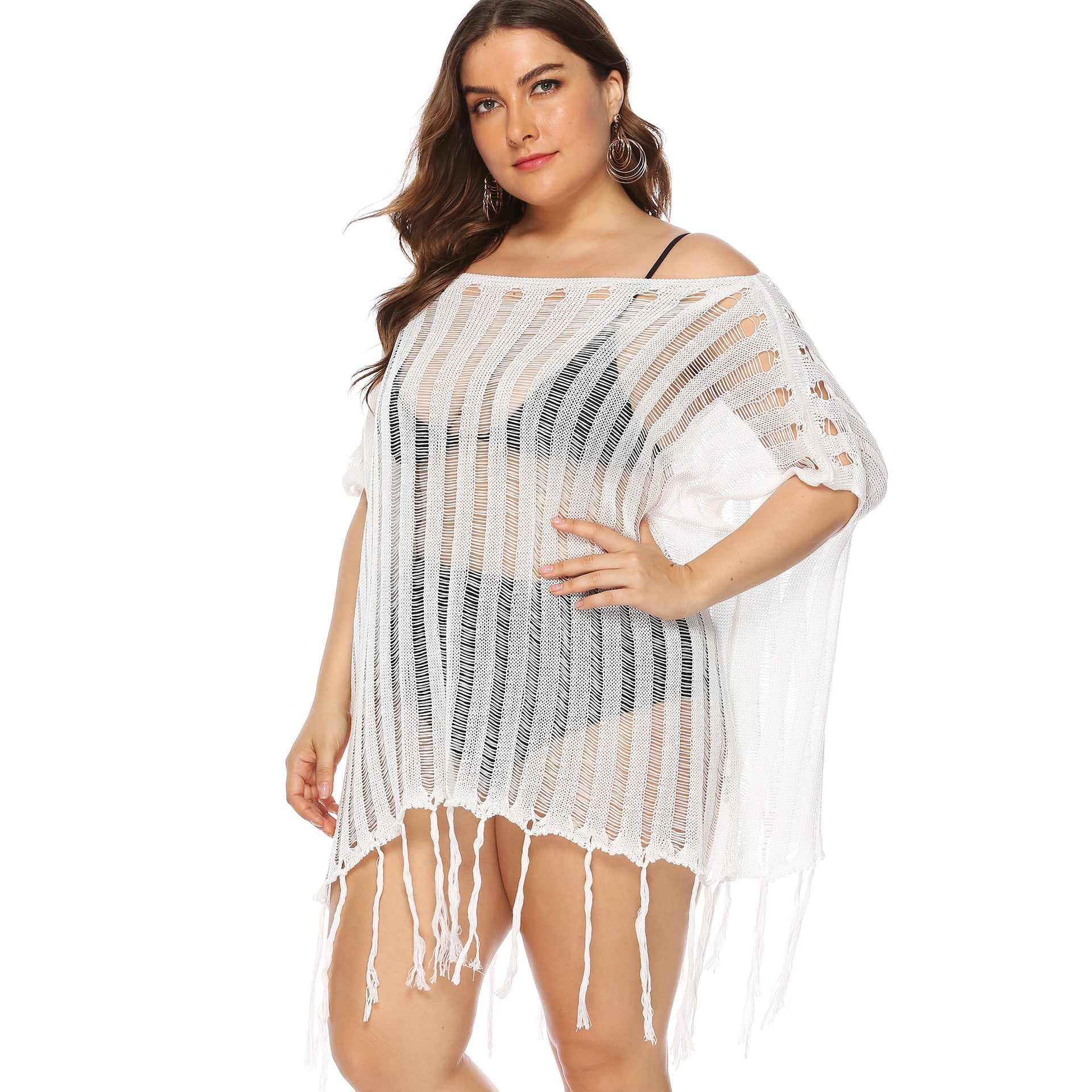 Damen luftiger Häkel-Strandüberwurf mit trendy Fransen R&B
