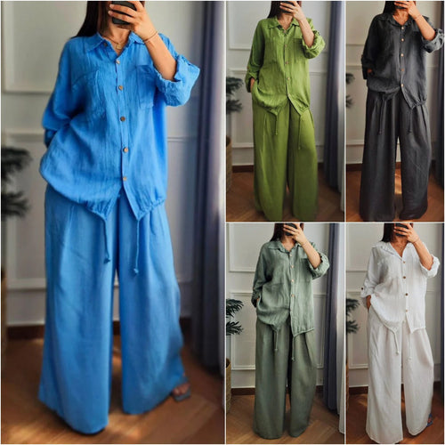 Damen Leinen-Set mit weiten Hosen undlässiger Bluse R&B
