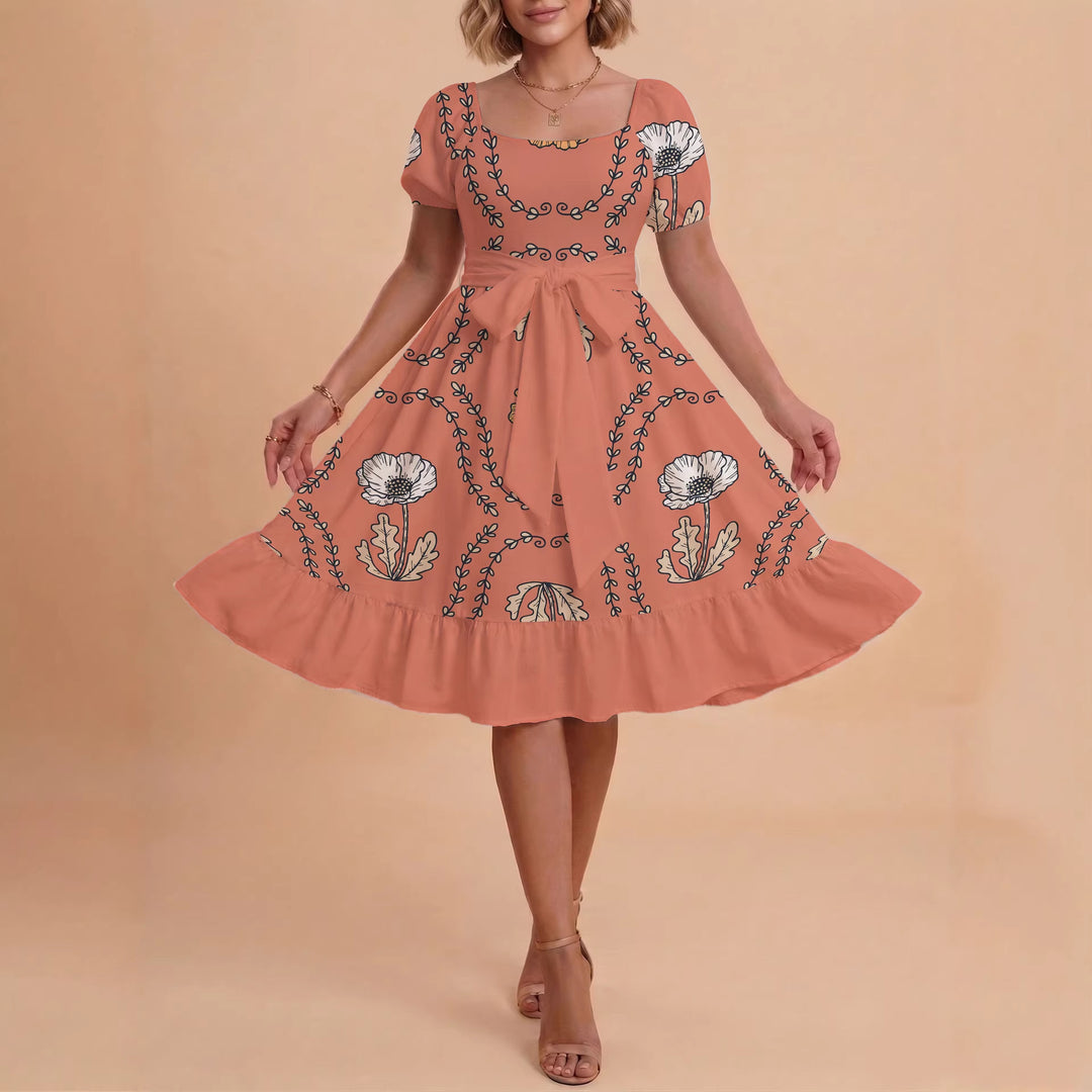 Damen modernes Blumenkleid mit elegantem Taillengürtel und asymmetrischem Saum R&B