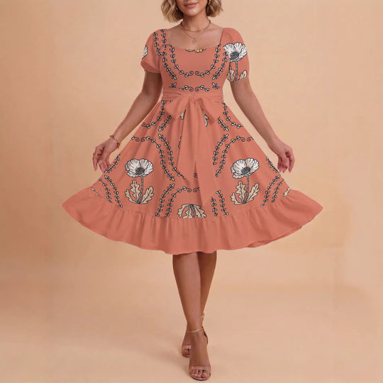 Damen modernes Blumenkleid mit elegantem Taillengürtel und asymmetrischem Saum R&B