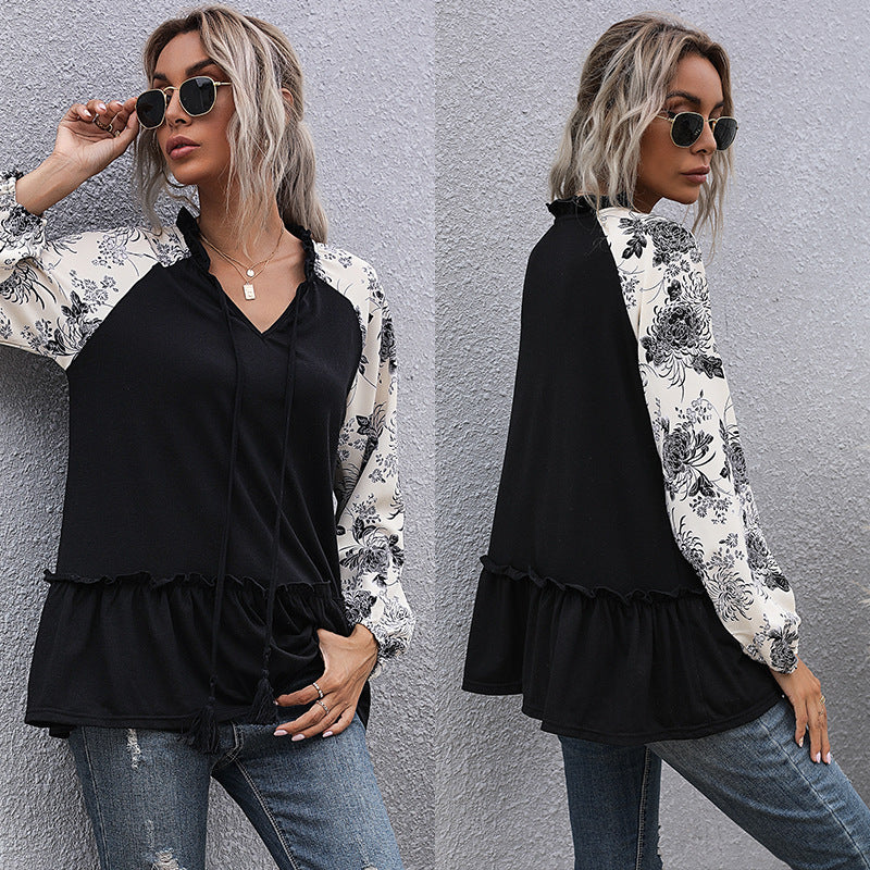 Damen modische Bluse mit floralem Ärmeldetail R&B