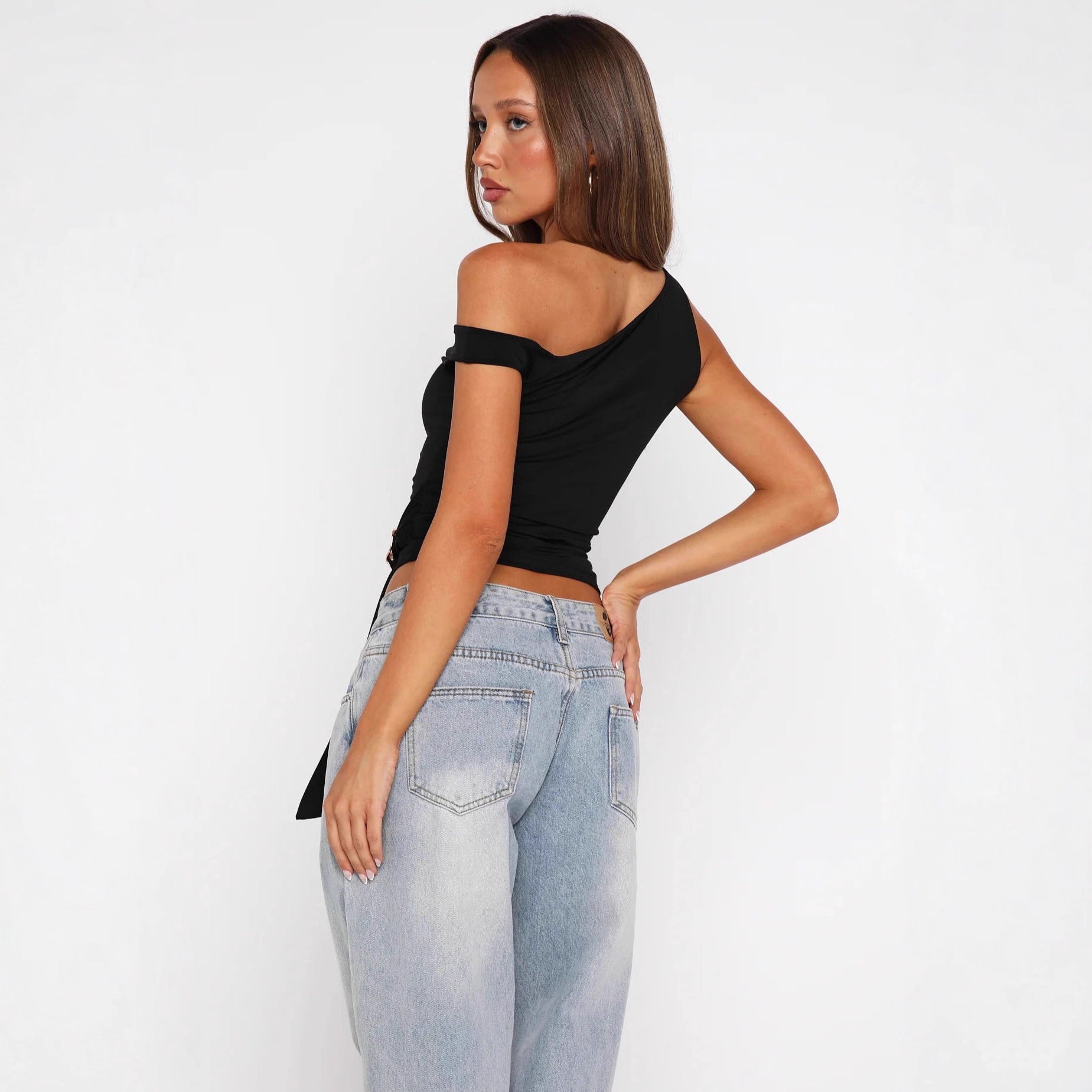 Damen Asymmetrisches Oberteil mit modischem Gürtel R&B