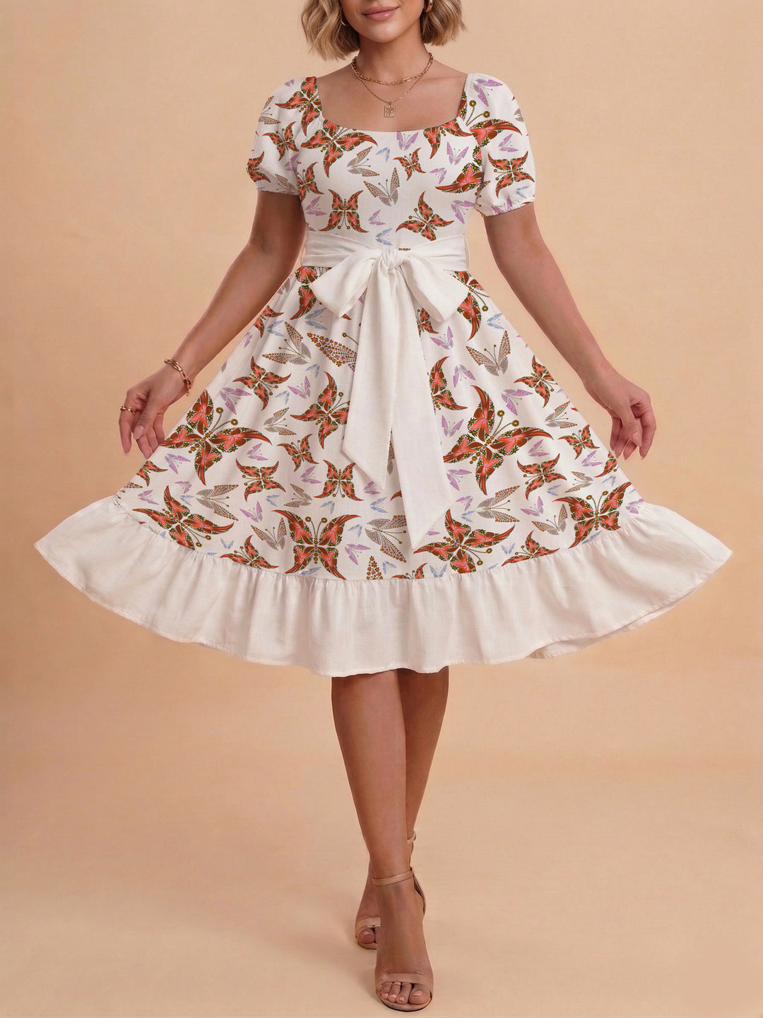 Damen modernes Blumenkleid mit elegantem Taillengürtel und asymmetrischem Saum R&B