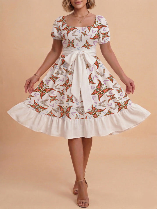 Damen modernes Blumenkleid mit elegantem Taillengürtel und asymmetrischem Saum R&B
