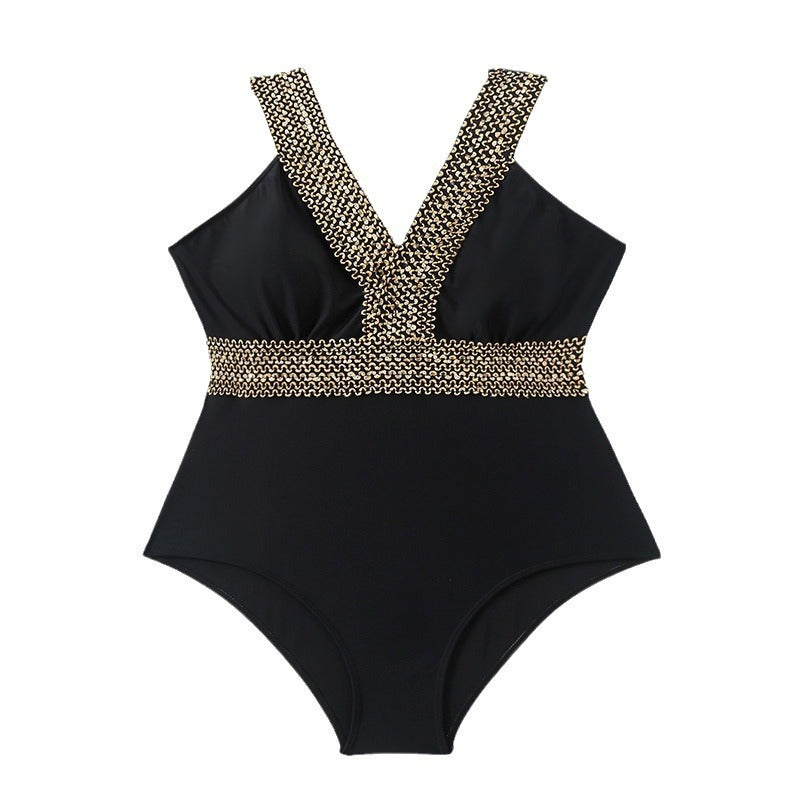 Damen Einteiler Badeanzug mit elegantem V-Ausschnitt und goldenen Akzenten R&B