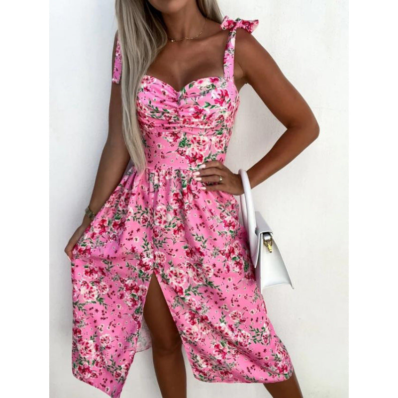 Damen Sommerkleid mit floralem Design und verspielt gebundenen Trägern R&B