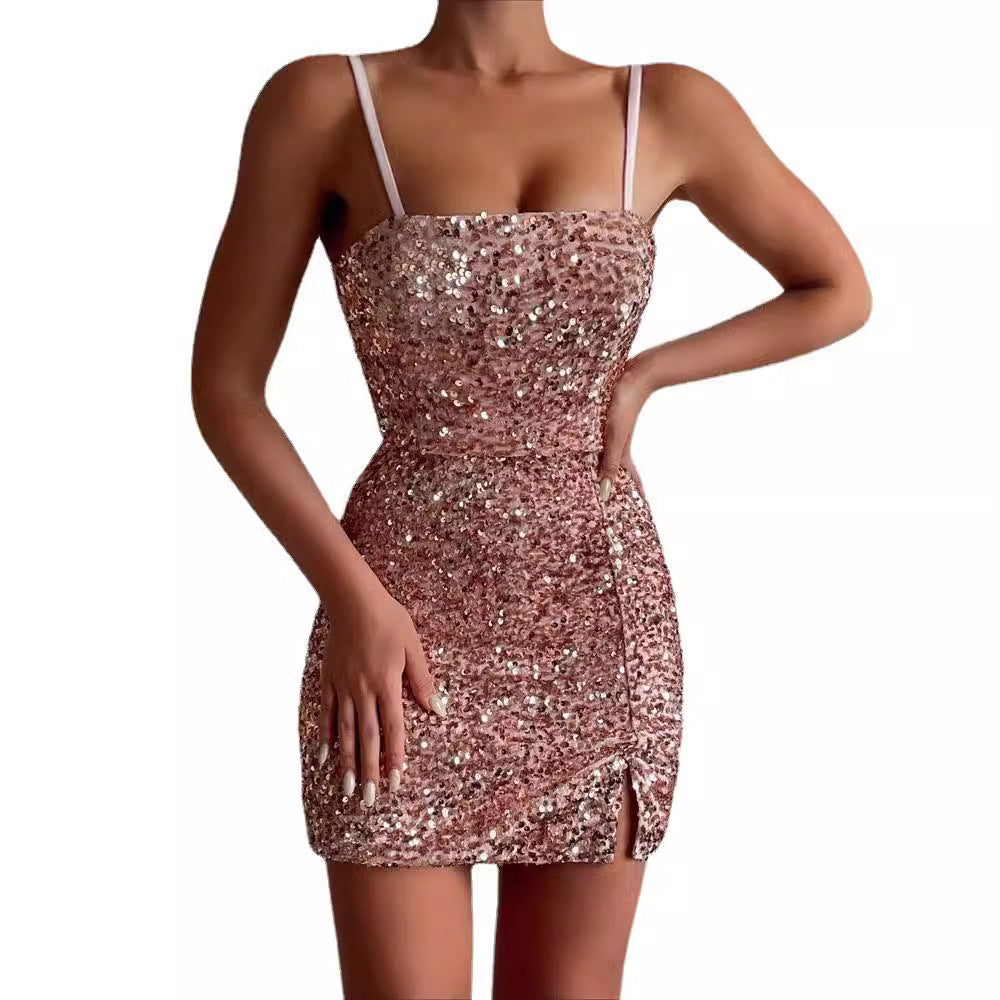 Damen Glamouröses Pailletten-Kleid mit Schlitzen und Spaghetti-Trägern R&B