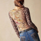 Damen nan figurbetontes Tüll-Longsleeve mit Animal- und Blumenprint, Carmen-Ausschnitt und seitlicher Raffung R&B