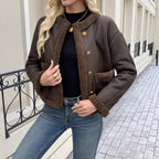 Damen Kurz geschnittene Texturjacke mit verdeckten Knöpfen und Taschen R&B