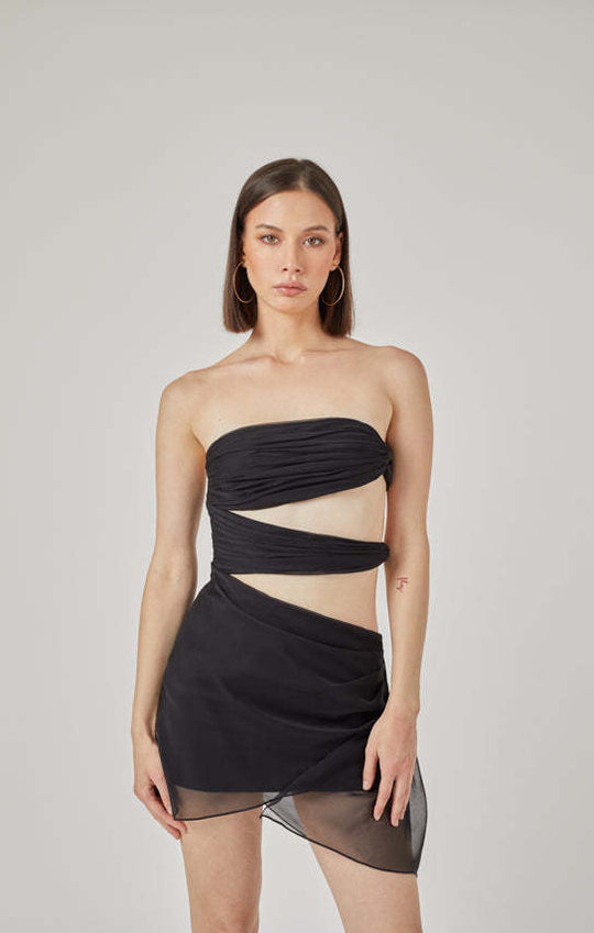 Damen trägerloses Wickelkleid mit Schnittdetails R&B