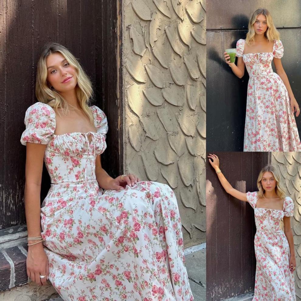 Damen Sommerliches Blumenkleid mit hochgeschlossenem Ausschnitt und Puffärmeln R&B