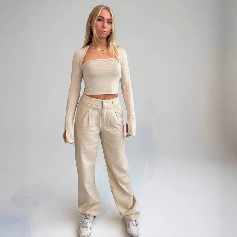 Damen lässiges Zweiteiler-Set mit cropped Oberteil und weiten Hosen R&B