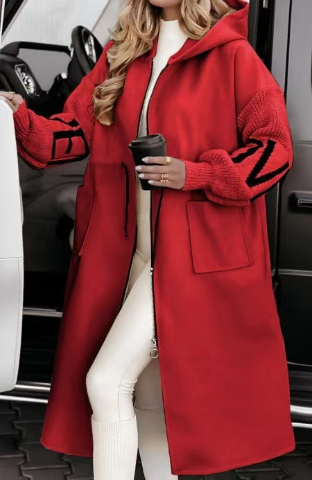 Damen Modische Longjacke mit Kapuze und Taschen R&B