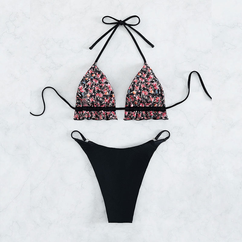 Damen Triangel-Bikini mit floralem Oberteil und hoch geschnittenem Höschen R&B