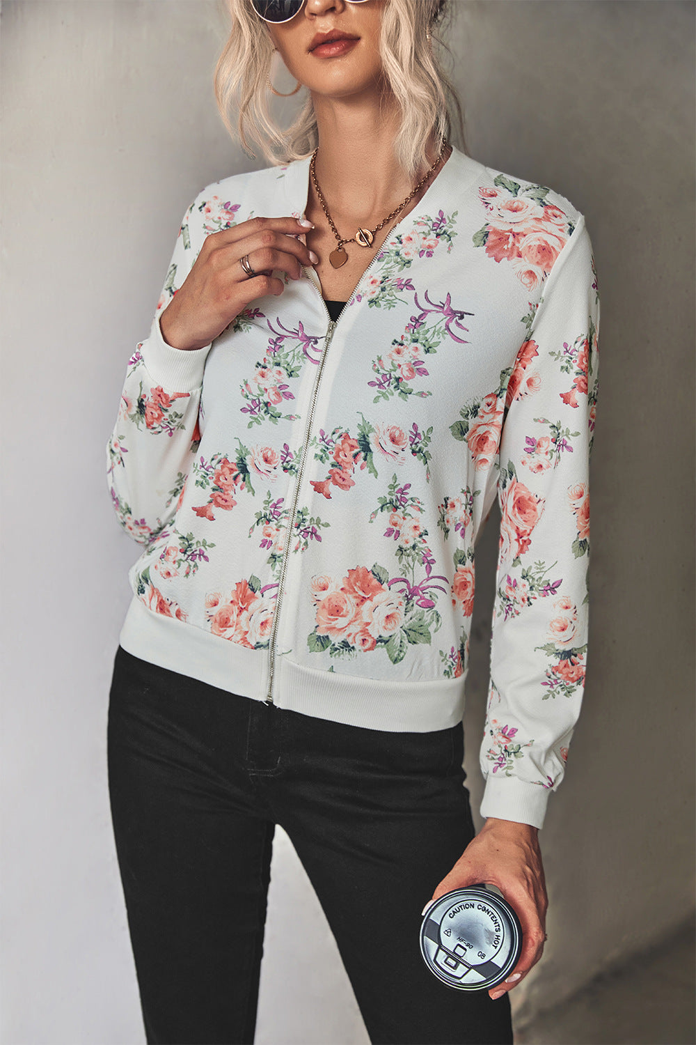 Damen Blütenmuster Freizeitjacke mit Reißverschluss und elastischen Bündchen R&B
