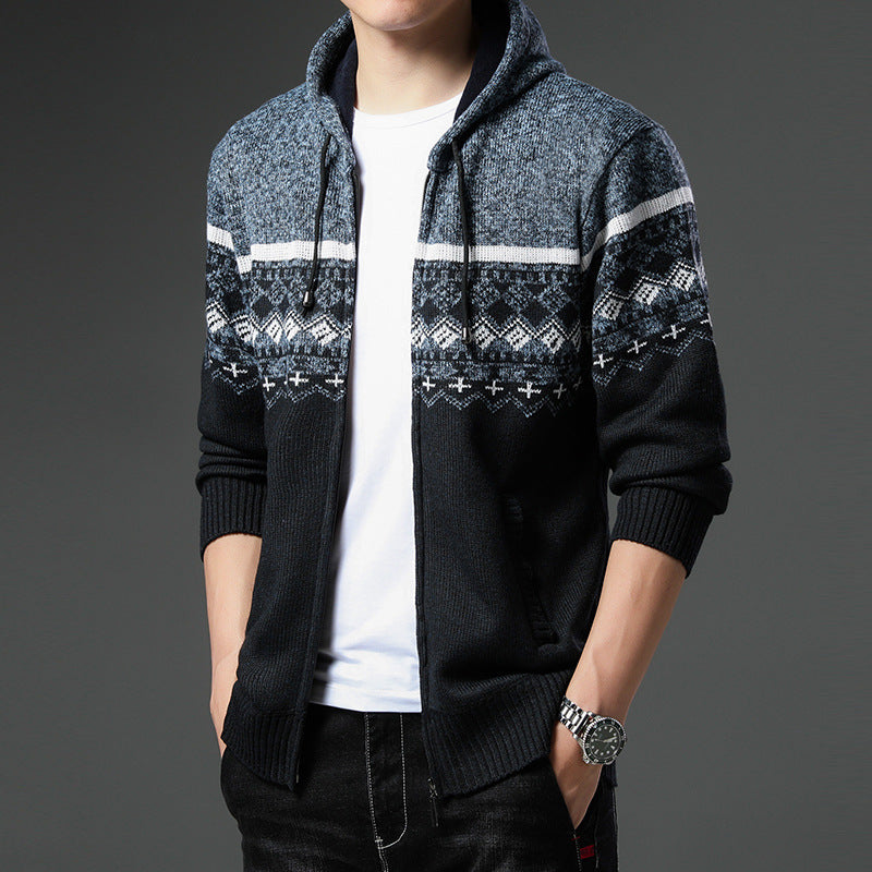 Herren gemusterte Strickjacke mit Kapuze und komfortablem Schnitt R&B