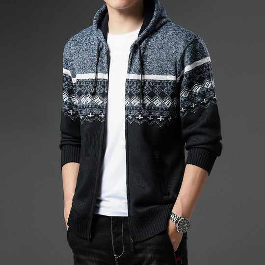 Herren gemusterte Strickjacke mit Kapuze und komfortablem Schnitt R&B