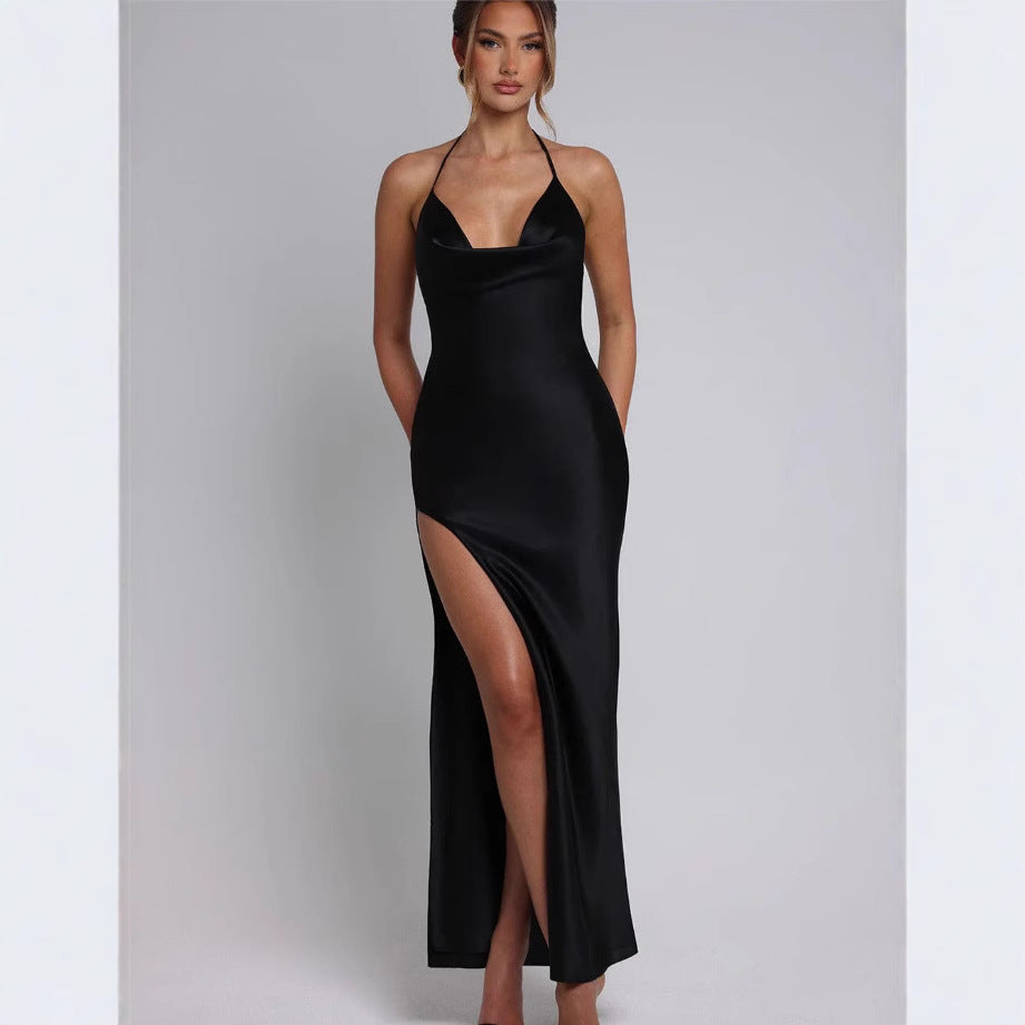 Damen Satin-Maxikleid mit tiefem Schlitz und Halterneck R&B