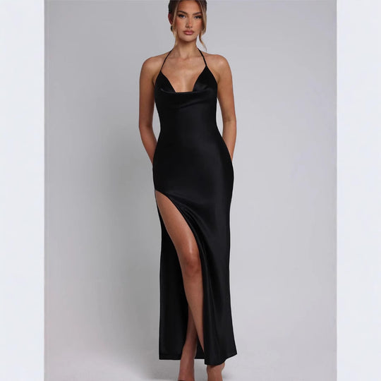 Damen Satin-Maxikleid mit tiefem Schlitz und Halterneck R&B