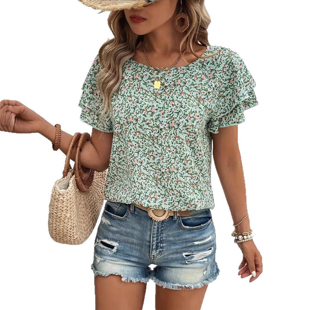Damen Kurzarm Blusenshirt mit Rüschendetails und floralem Design R&B
