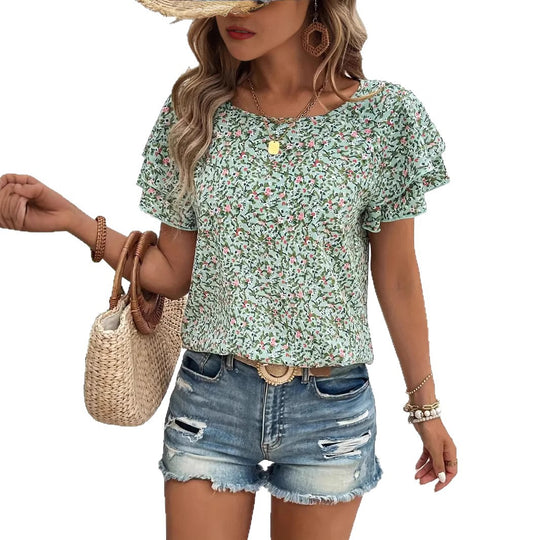 Damen Kurzarm Blusenshirt mit Rüschendetails und floralem Design R&B