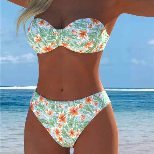Damen Bandeau-Bikini mit einzigartigem Federmuster und hohem Taillenschnitt R&B
